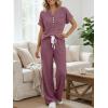 image:imageLILLUSORY Womens 2 Piece Matching Lounge Sets Summer Henley Neck Wide Leg Pants Casual Sweat SuitWine Red