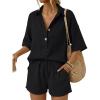 image:imageLILLUSORY Women 2 Piece Linen Short Sets 2026 Summer Vacation V Neck Short Sleeve Beach Outfits Oversized Button Casual SuitsBlack