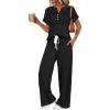 image:imageLILLUSORY Womens 2 Piece Matching Lounge Sets Summer Henley Neck Wide Leg Pants Casual Sweat SuitBlack