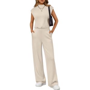 image:imageLILLUSORY Jumpsuits for Women Dressy Summer Jumpsuit 2026 Mock Neck Tops High Waist Wide Leg Pant with PocketsBeige