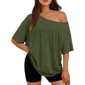 image:imageLILLUSORY Off The Shoulder Tops Oversized Tshirts Short Sleeve Basic Tee 2026 Casual Summer Fashion ClothesArmy Green