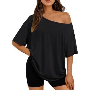 image:imageLILLUSORY Off The Shoulder Tops Oversized Tshirts Short Sleeve Basic Tee 2026 Casual Summer Fashion ClothesBlack
