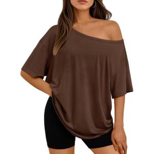 image:imageLILLUSORY Off The Shoulder Tops Oversized Tshirts Short Sleeve Basic Tee 2026 Casual Summer Fashion ClothesBrown