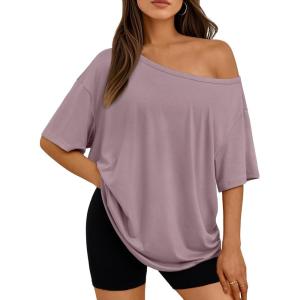 image:imageLILLUSORY Off The Shoulder Tops Oversized Tshirts Short Sleeve Basic Tee 2026 Casual Summer Fashion ClothesDark Pink