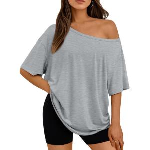 image:imageLILLUSORY Off The Shoulder Tops Oversized Tshirts Short Sleeve Basic Tee 2026 Casual Summer Fashion ClothesGrey
