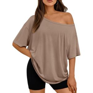 image:imageLILLUSORY Off The Shoulder Tops Oversized Tshirts Short Sleeve Basic Tee 2026 Casual Summer Fashion ClothesKhaki