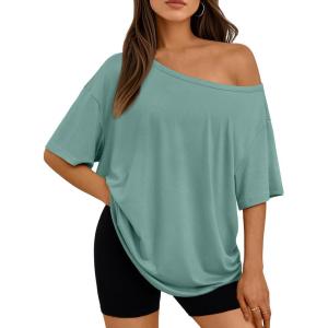 image:imageLILLUSORY Off The Shoulder Tops Oversized Tshirts Short Sleeve Basic Tee 2026 Casual Summer Fashion ClothesLight Green