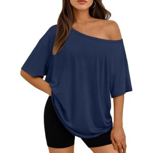 image:imageLILLUSORY Off The Shoulder Tops Oversized Tshirts Short Sleeve Basic Tee 2026 Casual Summer Fashion ClothesNavy