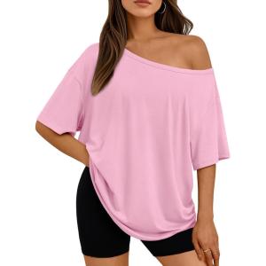 image:imageLILLUSORY Off The Shoulder Tops Oversized Tshirts Short Sleeve Basic Tee 2026 Casual Summer Fashion ClothesPink