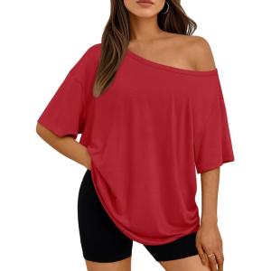 image:imageLILLUSORY Off The Shoulder Tops Oversized Tshirts Short Sleeve Basic Tee 2026 Casual Summer Fashion ClothesRed