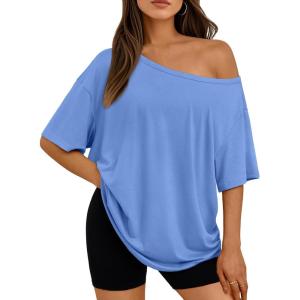 image:imageLILLUSORY Off The Shoulder Tops Oversized Tshirts Short Sleeve Basic Tee 2026 Casual Summer Fashion ClothesSky Blue