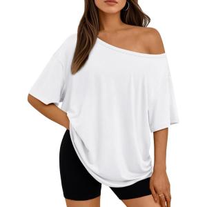 image:imageLILLUSORY Off The Shoulder Tops Oversized Tshirts Short Sleeve Basic Tee 2026 Casual Summer Fashion ClothesWhite