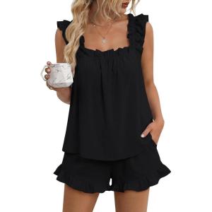image:imageLILLUSORY Pajamas Sets for Women 2 Piece Cute Bridal Pjs Sexy Lounge Sleepwear Summer Outfits 2026 Ruffle Tops and ShortsBlack
