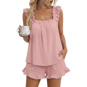 image:imageLILLUSORY Pajamas Sets for Women 2 Piece Cute Bridal Pjs Sexy Lounge Sleepwear Summer Outfits 2026 Ruffle Tops and ShortsPink