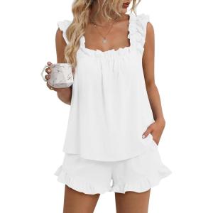 image:imageLILLUSORY Pajamas Sets for Women 2 Piece Cute Bridal Pjs Sexy Lounge Sleepwear Summer Outfits 2026 Ruffle Tops and ShortsWhite