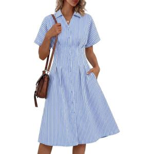 image:imageLILLUSORY Shirt Dress for Women Short Sleeve Striped Button Down Casual Summer Midi Dresses 2026 Beach Vacation ClothesBlue Stripe