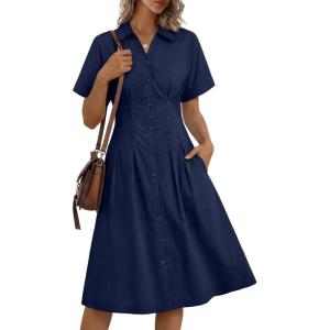 image:imageLILLUSORY Shirt Dress for Women Short Sleeve Striped Button Down Casual Summer Midi Dresses 2026 Beach Vacation ClothesNavy