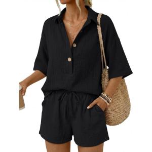 image:imageLILLUSORY Women 2 Piece Linen Short Sets 2026 Summer Vacation V Neck Short Sleeve Beach Outfits Oversized Button Casual SuitsBlack