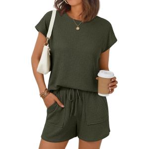 image:imageLILLUSORY Women 2 Piece Matching Lounge Sets Clothing 2026 Waffle Knit Cap Sleeve Summer Airport Outfits with ShortsArmy Green