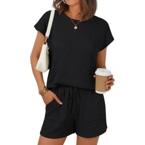 image:imageLILLUSORY Women 2 Piece Matching Lounge Sets Clothing 2026 Waffle Knit Cap Sleeve Summer Airport Outfits with ShortsBlack