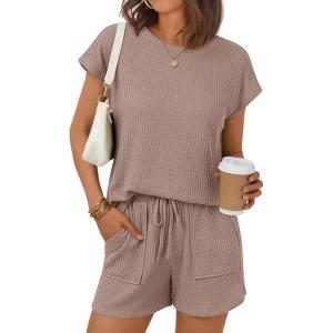 image:imageLILLUSORY Women 2 Piece Matching Lounge Sets Clothing 2026 Waffle Knit Cap Sleeve Summer Airport Outfits with ShortsDark Khaki