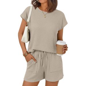 image:imageLILLUSORY Women 2 Piece Matching Lounge Sets Clothing 2026 Waffle Knit Cap Sleeve Summer Airport Outfits with ShortsKhaki
