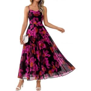 image:imageLILLUSORY Women Floral Maxi Summer Dress 2026 Flowy Elegant Spaghetti Strap Long Sundress Beach Vacation Wedding Guest OutfitFloral Black Rose Red