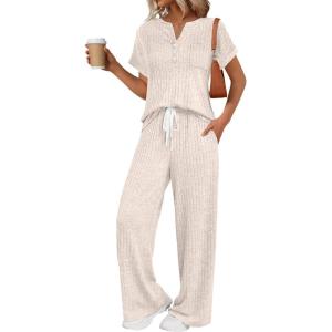 image:imageLILLUSORY Womens 2 Piece Matching Lounge Sets Summer Henley Neck Wide Leg Pants Casual Sweat SuitApricot