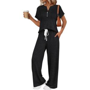 image:imageLILLUSORY Womens 2 Piece Matching Lounge Sets Summer Henley Neck Wide Leg Pants Casual Sweat SuitBlack