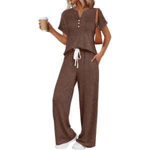 image:imageLILLUSORY Womens 2 Piece Matching Lounge Sets Summer Henley Neck Wide Leg Pants Casual Sweat SuitBrown