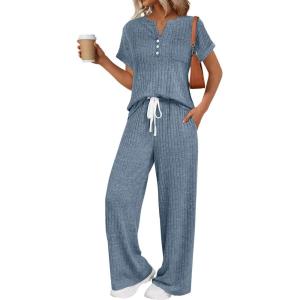 image:imageLILLUSORY Womens 2 Piece Matching Lounge Sets Summer Henley Neck Wide Leg Pants Casual Sweat SuitDusty Blue