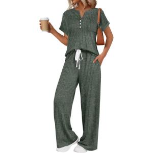 image:imageLILLUSORY Womens 2 Piece Matching Lounge Sets Summer Henley Neck Wide Leg Pants Casual Sweat SuitGreen
