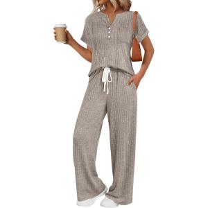 image:imageLILLUSORY Womens 2 Piece Matching Lounge Sets Summer Henley Neck Wide Leg Pants Casual Sweat SuitKhaki