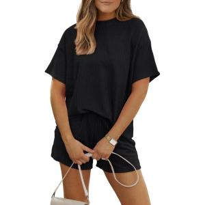 image:imageLILLUSORY Womens 2 Piece Short Set Summer Lounge 2026 Travel Vacation Beach Cruise Matching Outfit Ribbed LoungewearBlack