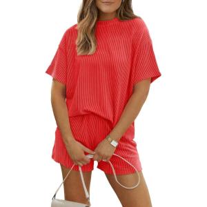 image:imageLILLUSORY Womens 2 Piece Short Set Summer Lounge 2026 Travel Vacation Beach Cruise Matching Outfit Ribbed LoungewearOrange