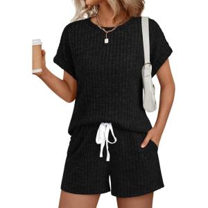image:imageLILLUSORY Womens 2 Piece Short Sets Summer Lounge Outfits Vacation Travel Cruise Airport Spring Cute Matching Pajamas 2026Black
