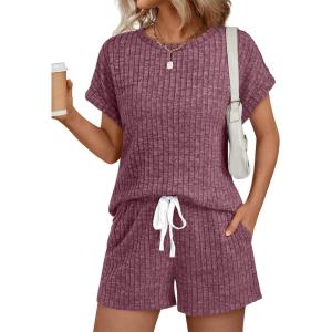 image:imageLILLUSORY Womens 2 Piece Short Sets Summer Lounge Outfits Vacation Travel Cruise Airport Spring Cute Matching Pajamas 2026Burgundy