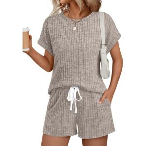 image:imageLILLUSORY Womens 2 Piece Short Sets Summer Lounge Outfits Vacation Travel Cruise Airport Spring Cute Matching Pajamas 2026Camel