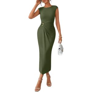 image:imageLILLUSORY Womens 2026 Summer Bodycon Midi Dress Elegant Ruched Split Wedding Guest Party Cocktail Wrap Dresses Trendy OutfitsGreen