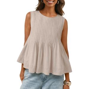 image:imageLILLUSORY Womens Babydoll Peplum Tops Sleeveless Pleated Tank Tops  Summer Flowy Dressy Casual Blouses for Daily Work 2026Khaki