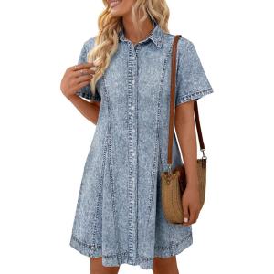 image:imageLILLUSORY Womens Denim Dress  Knee Length Button Down Casual Short Sleeves Jean DressBay Blue