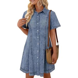 image:imageLILLUSORY Womens Denim Dress  Knee Length Button Down Casual Short Sleeves Jean DressBlue