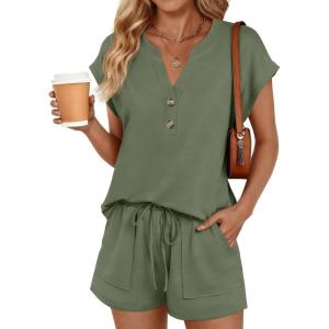 image:imageLILLUSORY Womens Henley 2 Piece Short Sets Summer 2026 Lounge Spring Beach Airport Travel Vacation Outfits Matching SweatsuitArmy Green