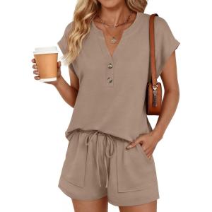 image:imageLILLUSORY Womens Henley 2 Piece Short Sets Summer 2026 Lounge Spring Beach Airport Travel Vacation Outfits Matching SweatsuitDark Khaki