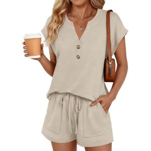 image:imageLILLUSORY Womens Henley 2 Piece Short Sets Summer 2026 Lounge Spring Beach Airport Travel Vacation Outfits Matching SweatsuitKhaki