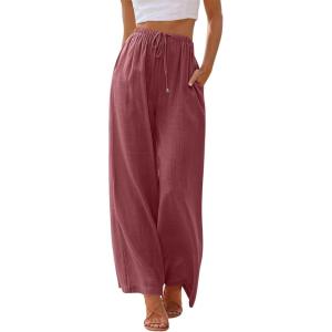 image:imageLILLUSORY Womens Linen Summer Palazzo Pants Flowy Wide Leg Beach Pants with PocketsDark Pink