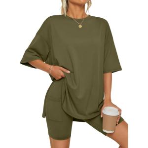 image:imageLILLUSORY Womens Lounge Sets Shorts 2 Piece Matching Pajamas Summer Outfits 2026 Casual Oversized Sweatsuits Spring ClothesArmy Green