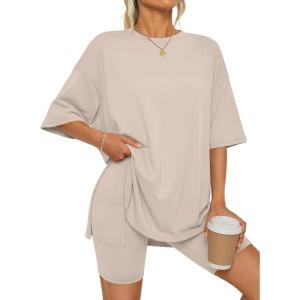 image:imageLILLUSORY Womens Lounge Sets Shorts 2 Piece Matching Pajamas Summer Outfits 2026 Casual Oversized Sweatsuits Spring ClothesBeige