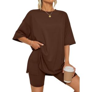 image:imageLILLUSORY Womens Lounge Sets Shorts 2 Piece Matching Pajamas Summer Outfits 2026 Casual Oversized Sweatsuits Spring ClothesBrown