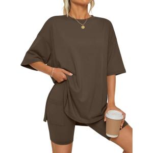 image:imageLILLUSORY Womens Lounge Sets Shorts 2 Piece Matching Pajamas Summer Outfits 2026 Casual Oversized Sweatsuits Spring ClothesCoffee